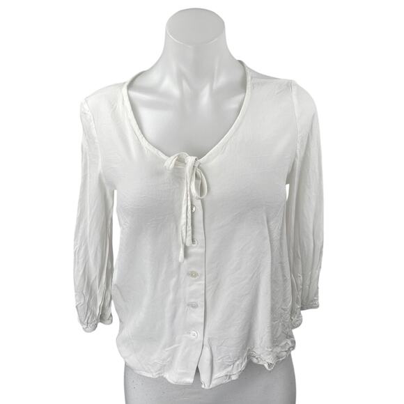 MNG Mango Women's White Long Sleeve Tie Button Up Cardigan Blouse Top Size 4 - Picture 1 of 3